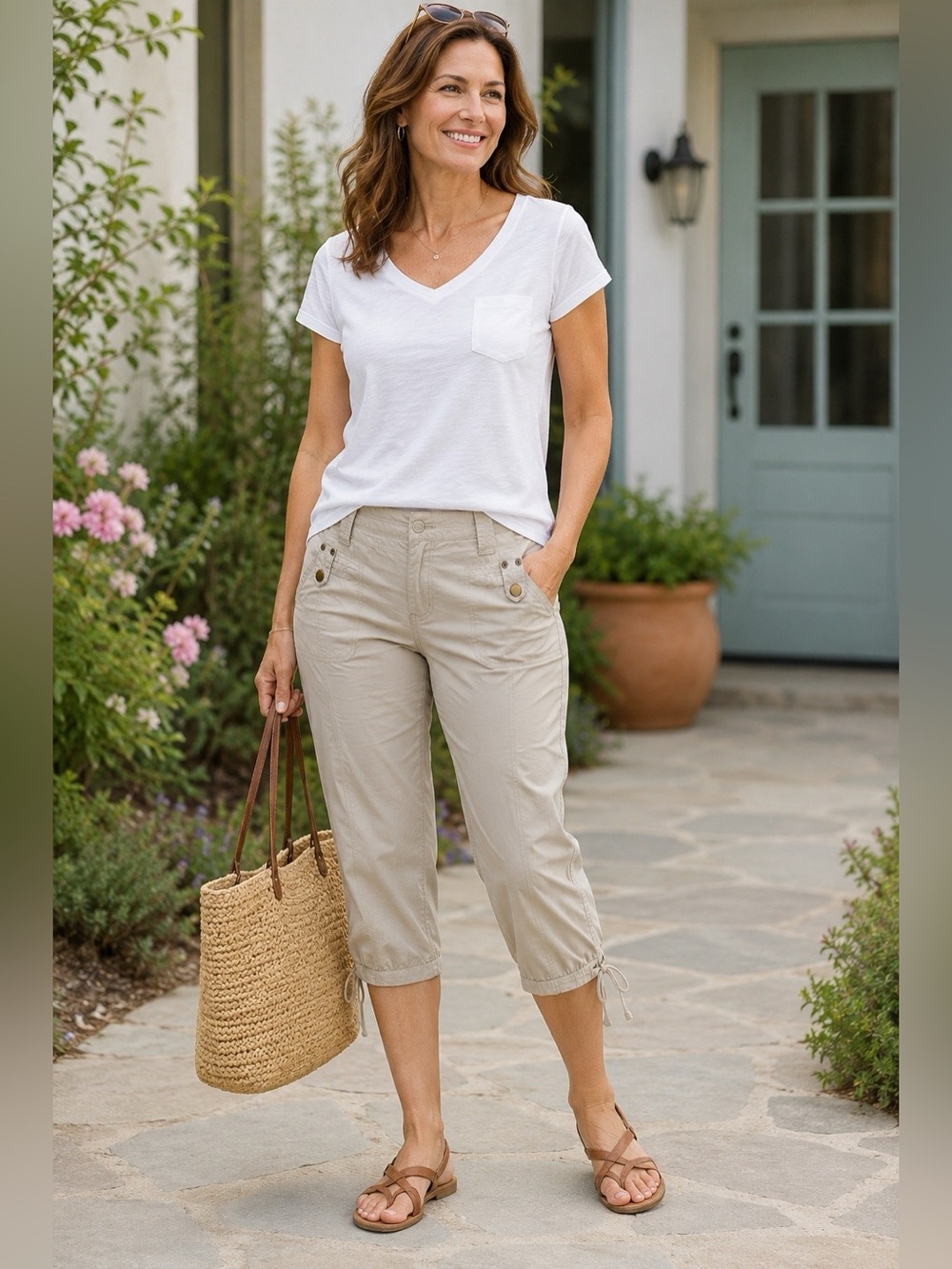 dressbarn Beige Crop Cargo Capris with Button Accents